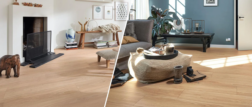 Links Wohnraum mit Kamin und Bilderwand mit Laminatboden, rechts Wohnraum mit Sofa und blauer Wand mit Vinylboden.