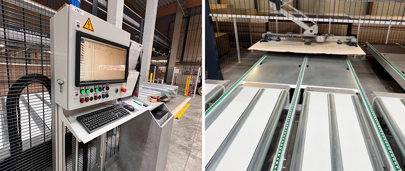 Automatisiertes Plattenlager im Holzhandel mit Förderbändern, Vakuumgreifer und Bedienkonsole zur Verarbeitung von Platten.