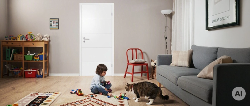 Weiße kratzfeste Zimmertür in einem Wohnzimmer mit spielendem Kind und Katze.